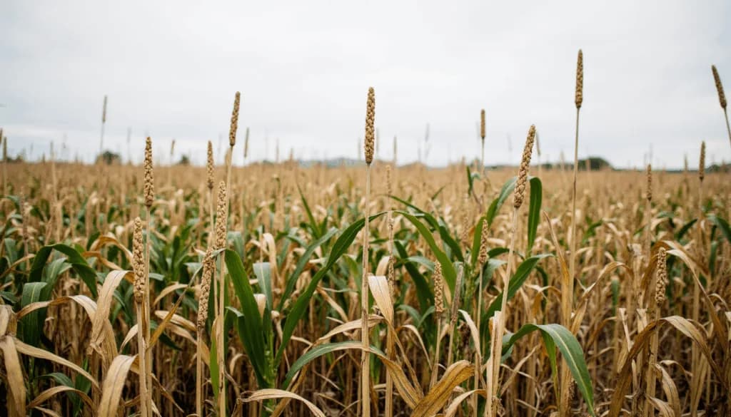 Field of ripening sorghum with tasseled seed heads under an overcast grey sky