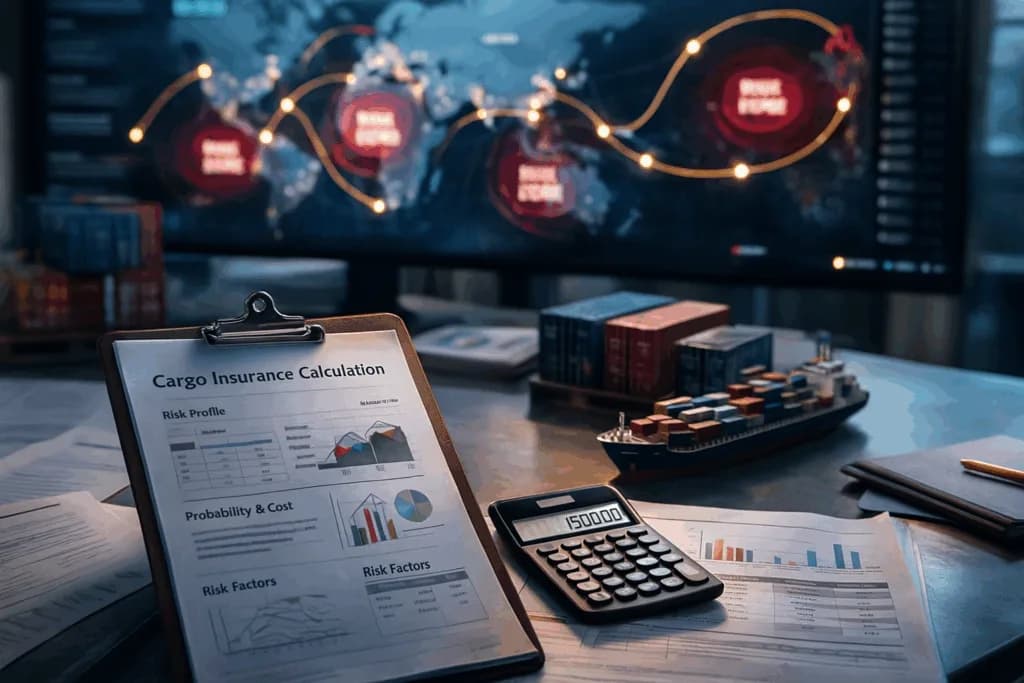 Clipboard with cargo insurance calculation charts, calculator, model ship, and world map screen