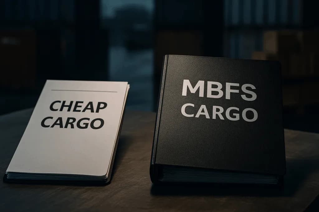 Thin white notepad labeled "Cheap Cargo" beside a thick black book labeled "MBFS Cargo