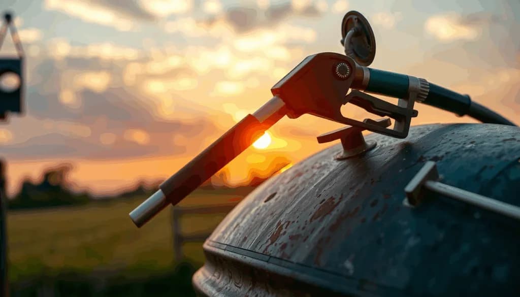 Diesel fuel nozzle resting on a farm storage tank at sunset over open fields
