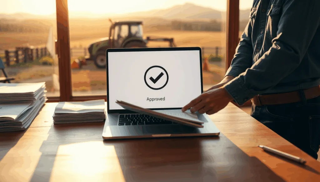Laptop on a farm office desk showing an "Approved" checkmark, tractor visible outside window