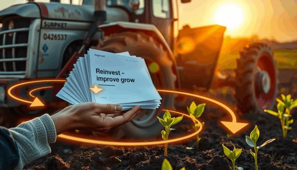 Hand holding "Reinvest - improve grow" cards over young seedlings, tractor in background at sunset