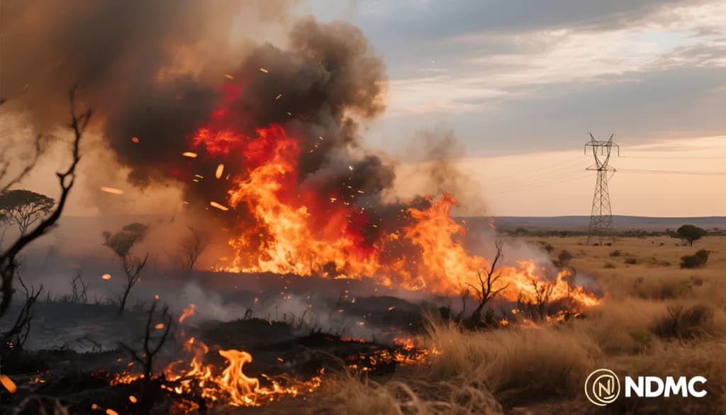 Wildfire with dark smoke and flames burning grassland near an electricity transmission tower