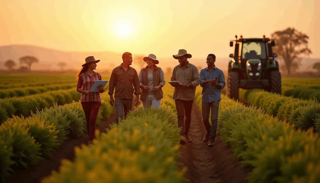 Five farmers walking and talking through a crop field at sunset, tractor behind them