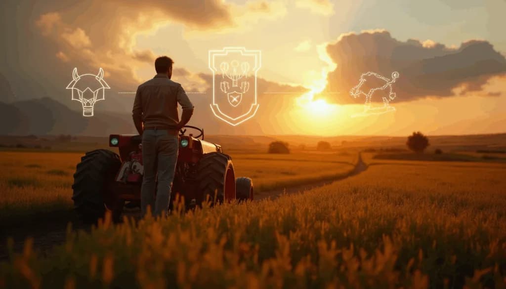 Farmer standing by tractor in golden field at sunset with insurance icon overlays