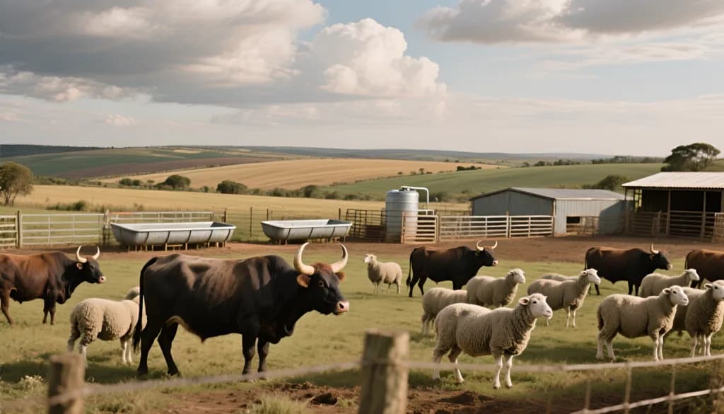 Cattle with long horns and a flock of sheep grazing in a farmyard with rolling fields beyond