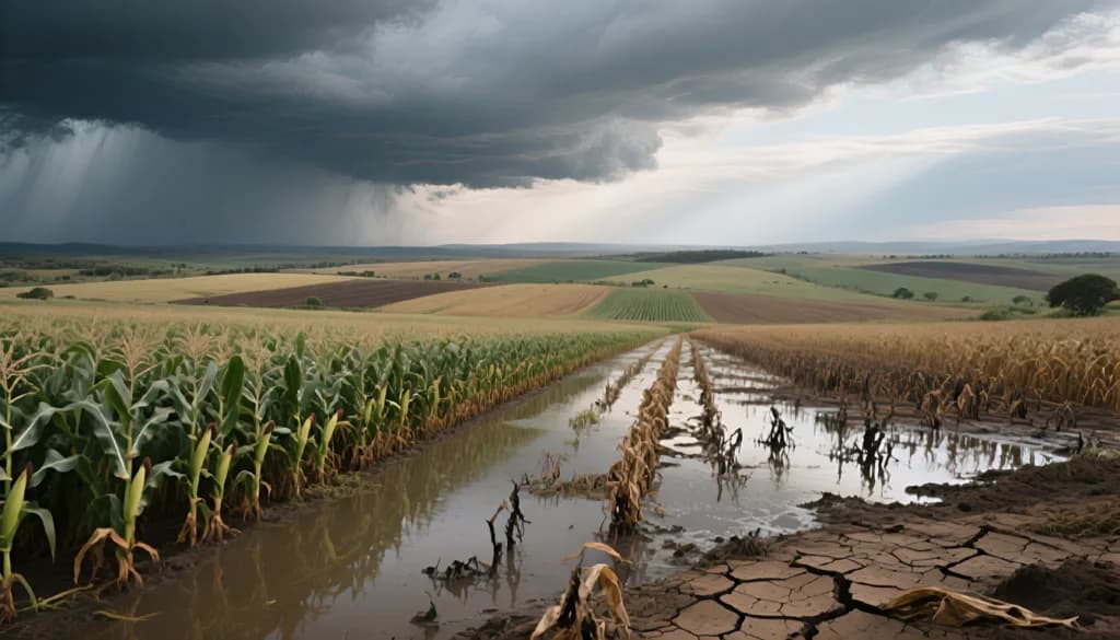 Storm clouds over farmland with a flooded, cracked-earth path between healthy and withered corn