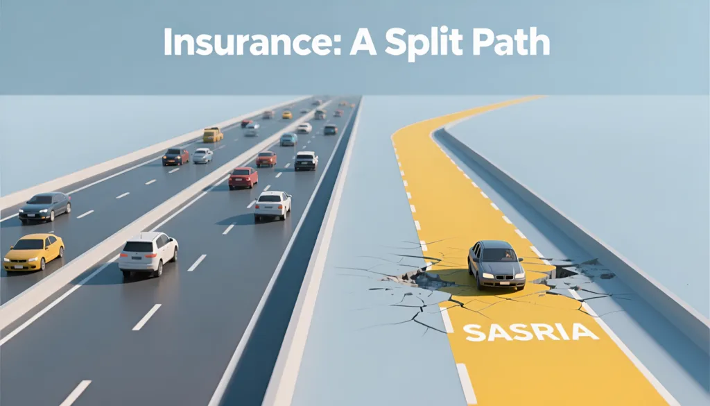 Illustration of a highway splitting into a normal road and a cracked yellow SASRIA road