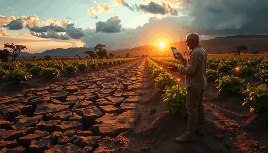 Farmer using a tablet beside cracked drought soil and green crop rows at sunset