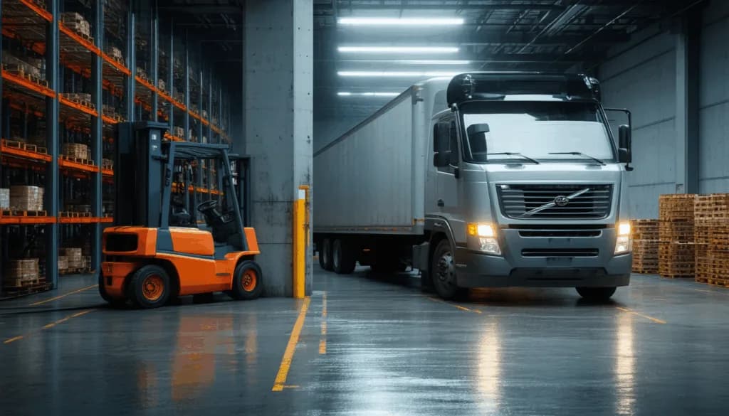 White truck parked beside an orange forklift in a warehouse loading area