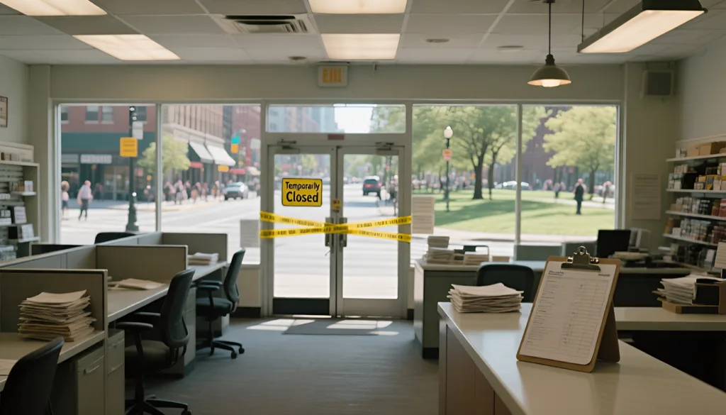 Office interior with glass entrance doors taped shut and a "Temporarily Closed" sign