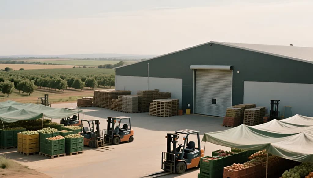 Warehouse with roller door, forklifts, stacked pallets, and crates of produce under canopies
