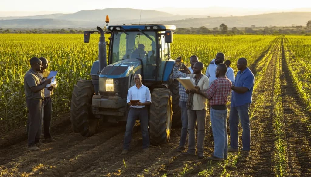 Group of farmers gathered around a tractor in a crop field at sunset, discussing documents