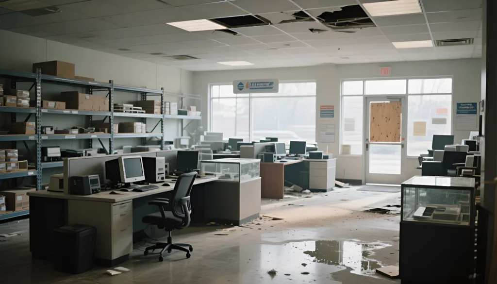 Water-damaged office with ceiling holes, puddles on floor, and abandoned desks
