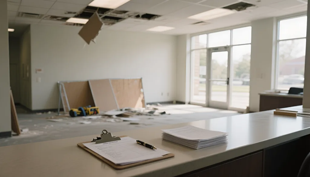 Damaged office interior with collapsed ceiling tiles and debris beside a clipboard on a counter
