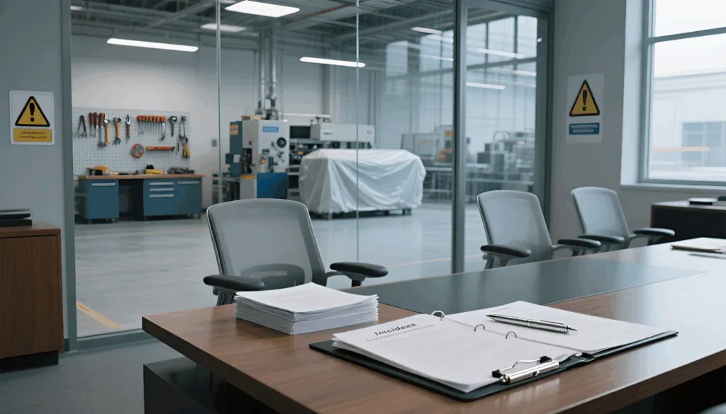 Office desk with incident report and pen, overlooking a factory workshop through glass wall
