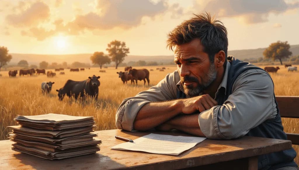 Farmer resting on folded arms at a table with paperwork, cattle grazing behind him