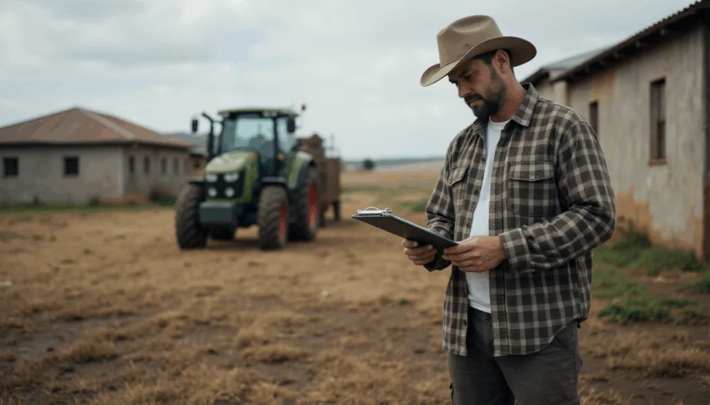 Farmer in hat and plaid shirt reviewing clipboard notes near tractor and farm buildings