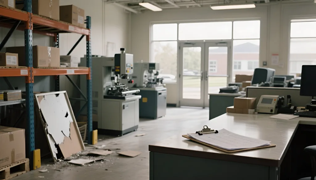 Warehouse office with storage racks, machinery, broken display board, and clipboard on desk