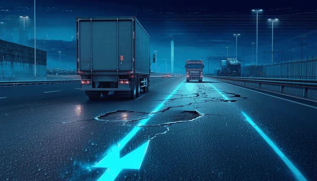 Trucks on a highway at night with glowing blue road markings and a pothole crack