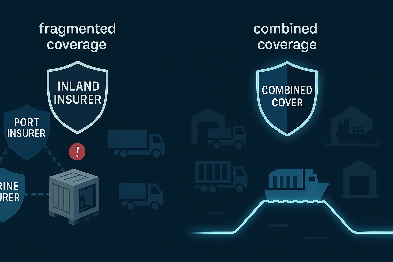 Comparison of fragmented coverage with gaps between insurers versus seamless combined coverage across the shipping route