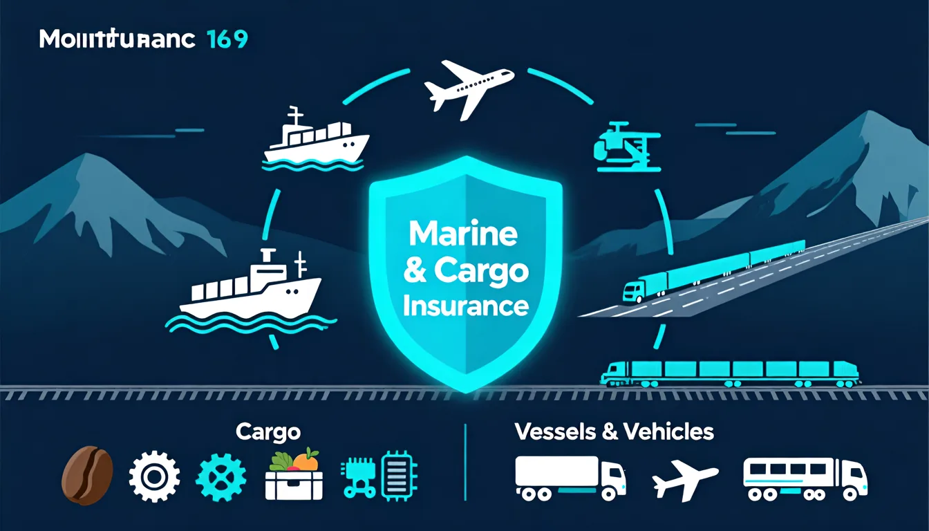 Infographic showing ships, plane, helicopter, and trucks around a glowing shield labeled Marine & Cargo Insurance