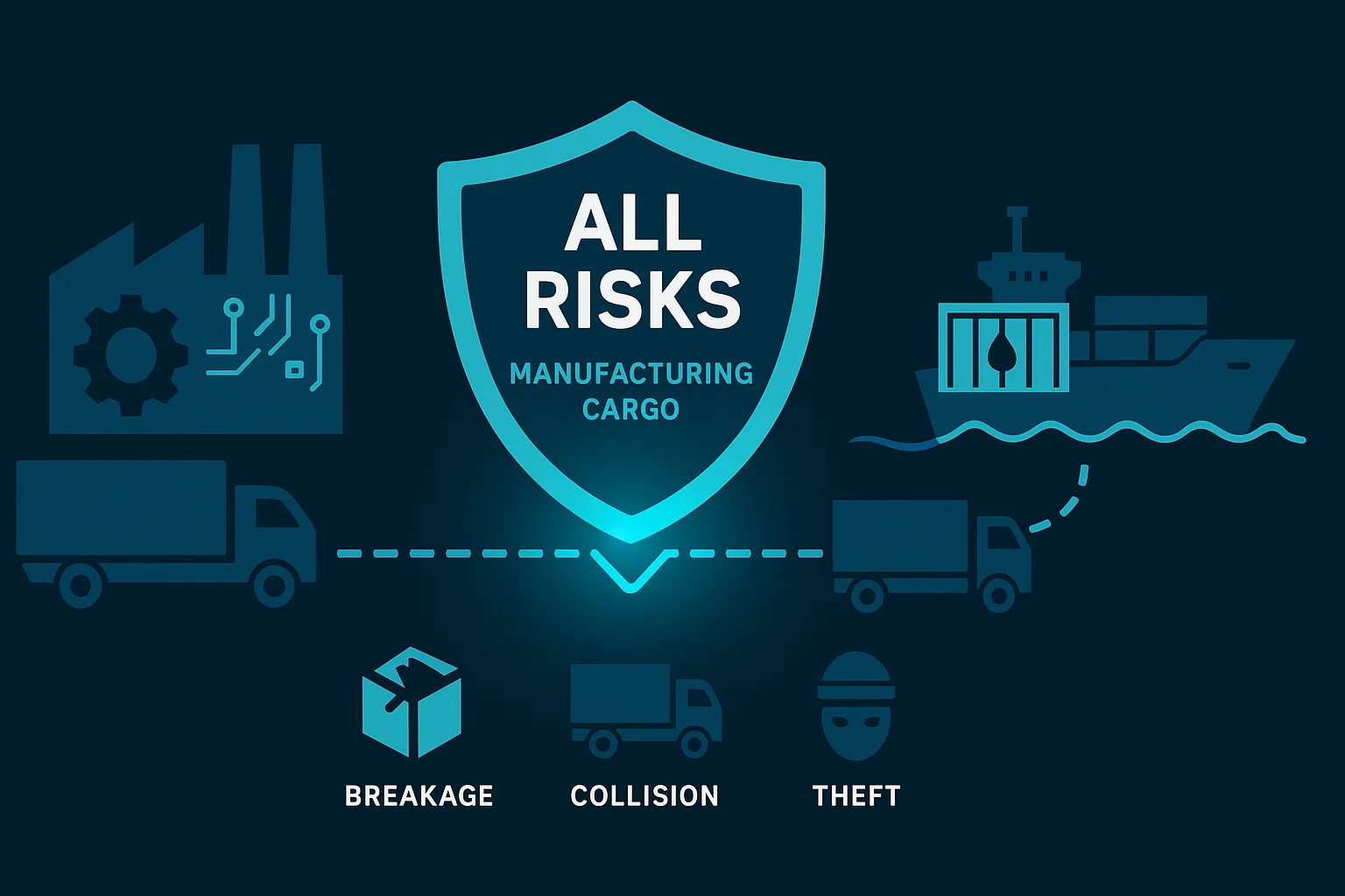 Shield icon reading "All Risks Manufacturing Cargo" linking factory, truck, ship, and icons for breakage, collision, theft