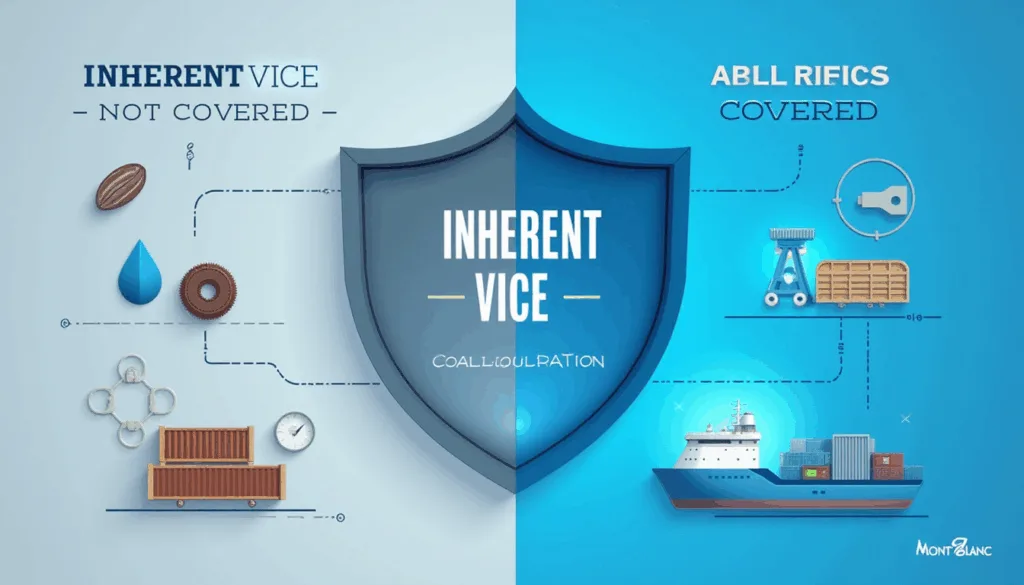 Split infographic shield illustrating "Inherent Vice" versus insured cargo perils, with ship and containers