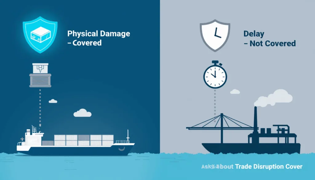 Split graphic contrasting covered physical damage with uncovered delay, icons above cargo ships