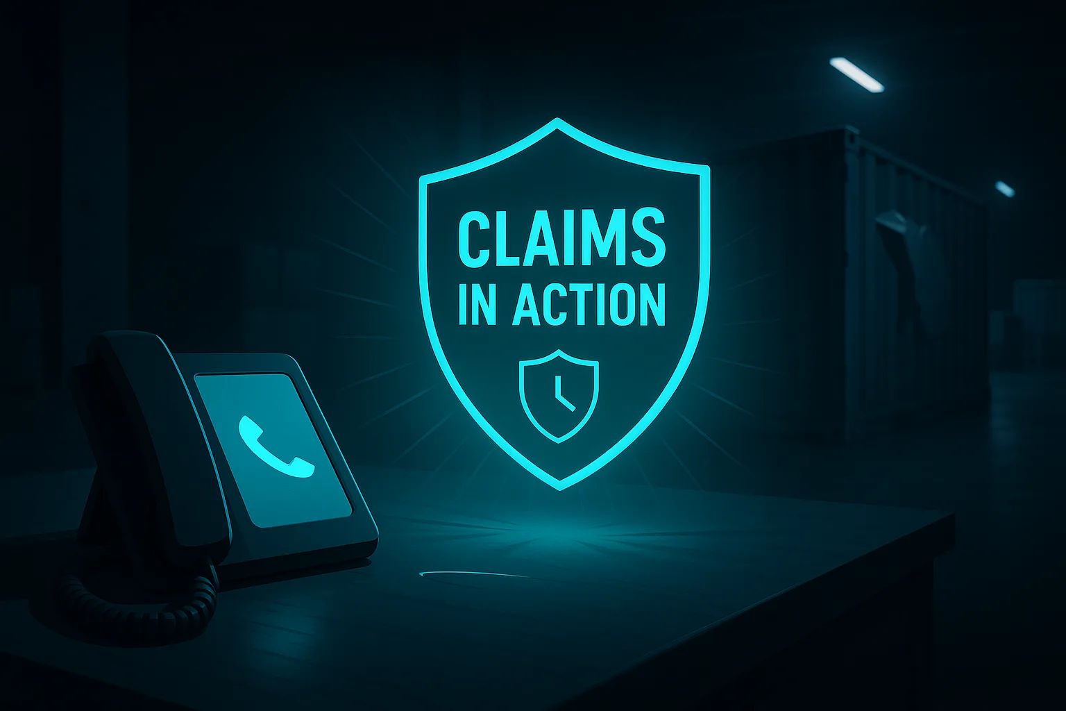 Glowing teal shield icon reading "Claims in Action" above a desk phone in darkness