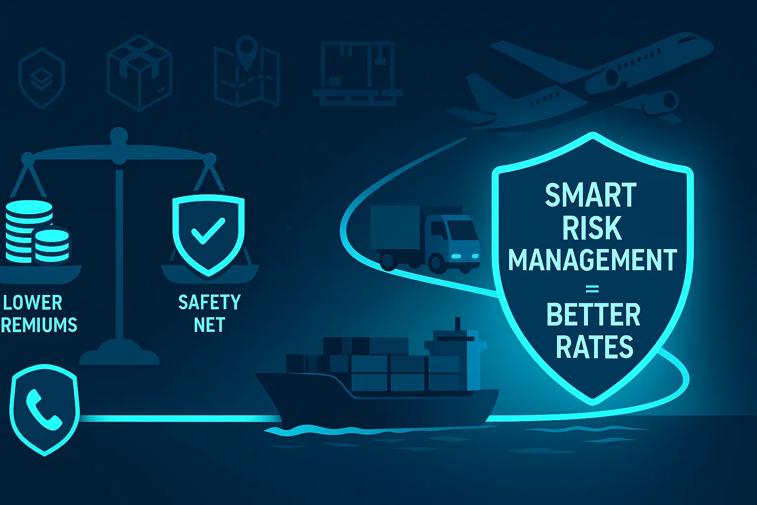 Digital illustration of a balance scale, shield icons, and cargo ship, truck and plane linked to a shield reading "Smart Risk Management = Better Rates