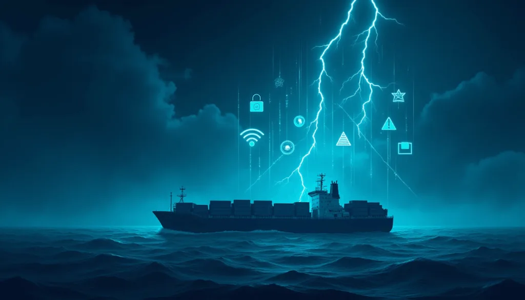 Cargo ship at sea under lightning, with digital security and connectivity icons overhead