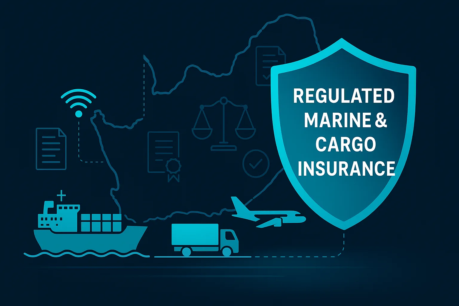 Shield icon reading "Regulated Marine & Cargo Insurance" above cargo ship, truck, and plane icons