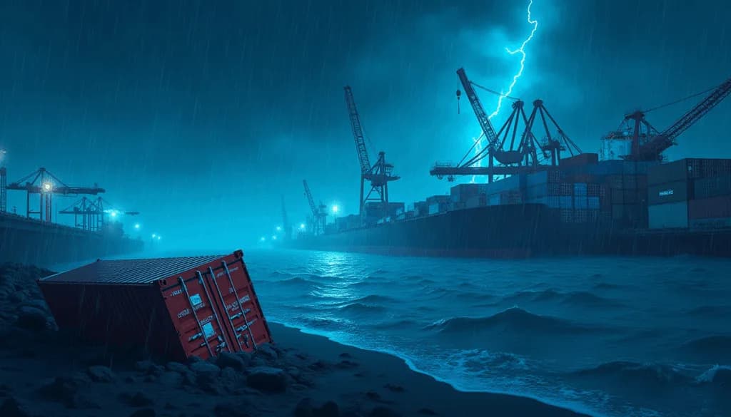 Storm-lit shipping port at night with a fallen cargo container washed ashore near cranes