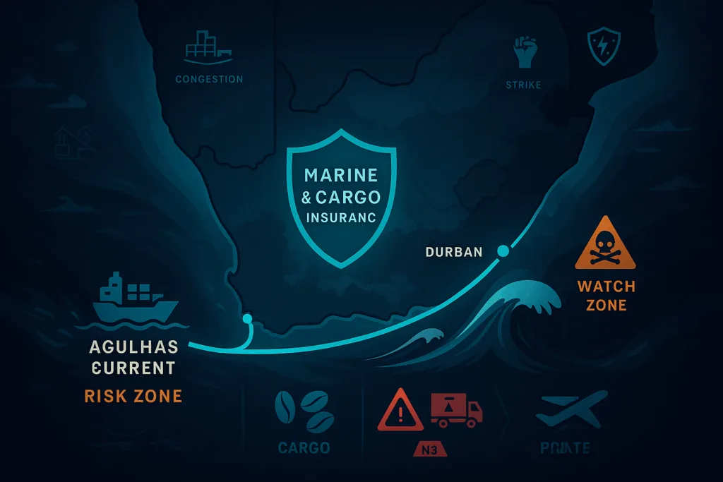 Map of South Africa showing marine cargo insurance risk zones, Agulhas Current, Durban, and watch zone icons