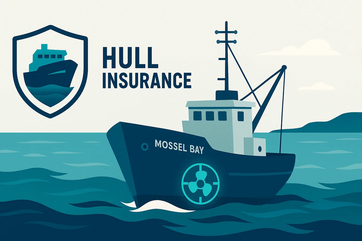 Illustrated fishing trawler "Mossel Bay" at sea beside a Hull Insurance shield logo