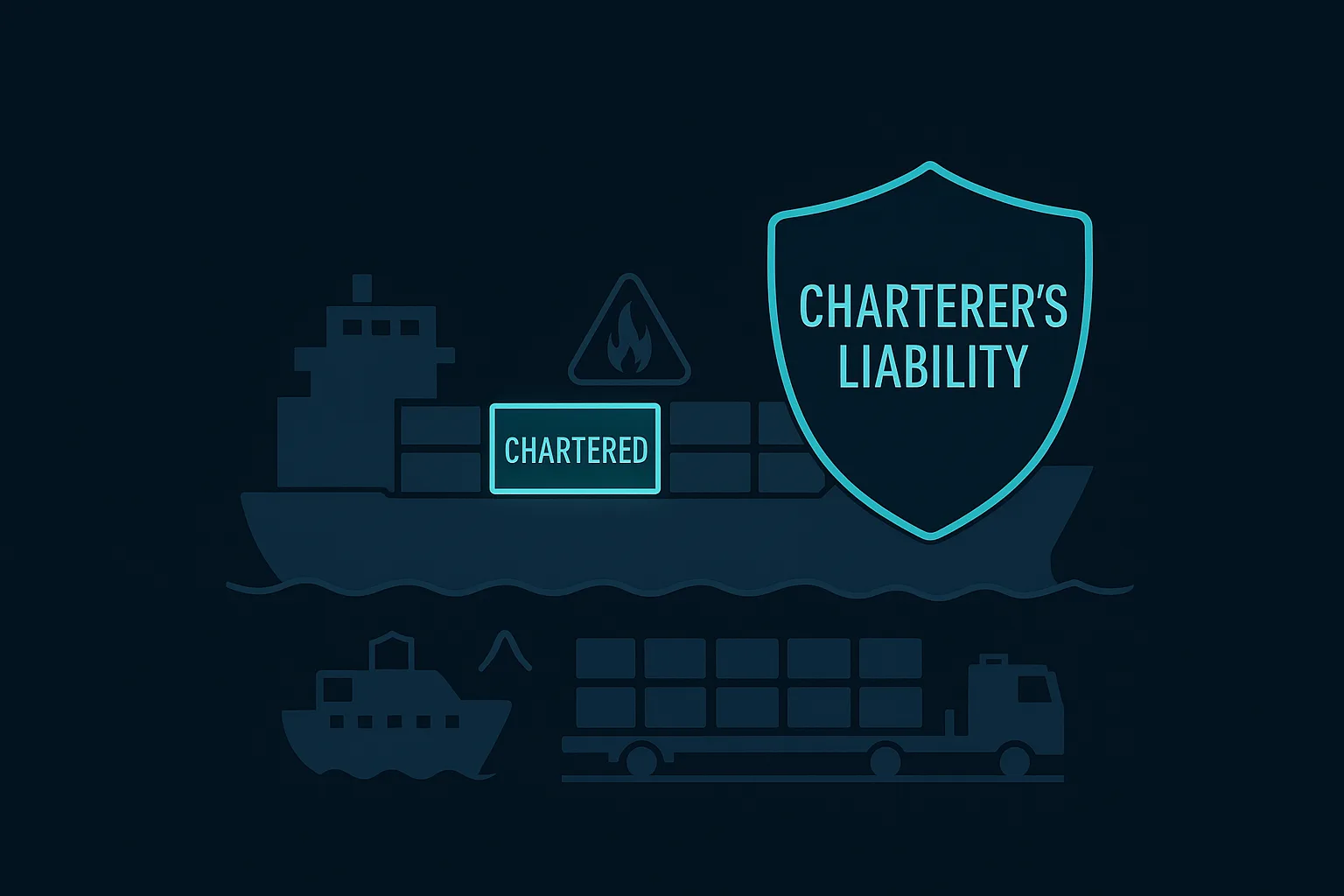 Illustration of a chartered cargo ship with a shield icon labeled Charterer's Liability