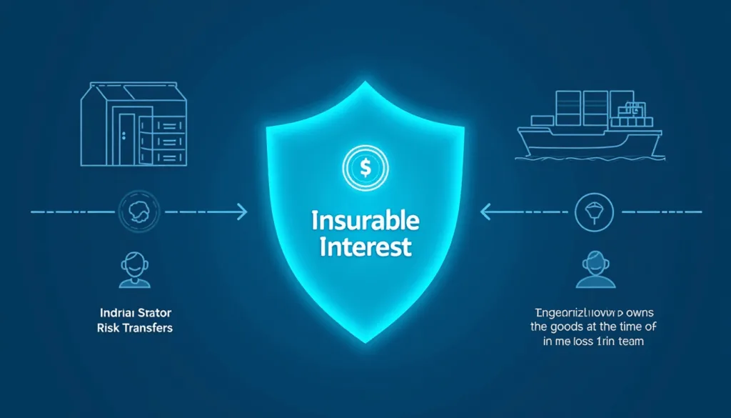 Illustration of a glowing shield labeled Insurable Interest between a building and cargo ship icons