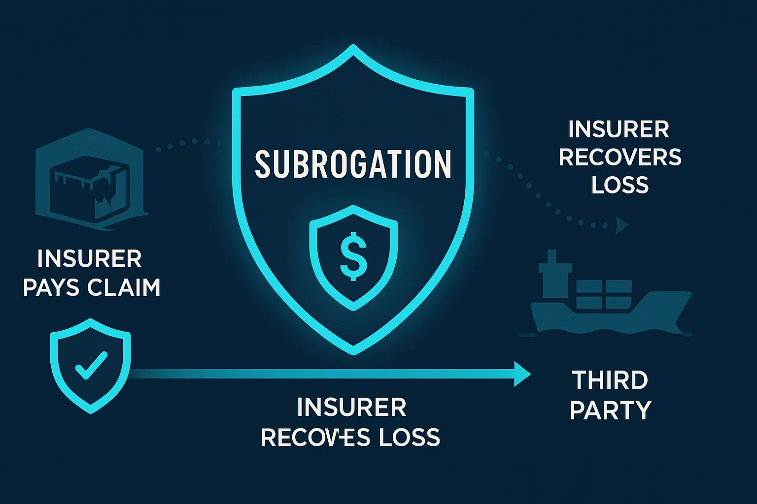 Diagram of subrogation process: insurer pays claim, then recovers loss from third party shipper