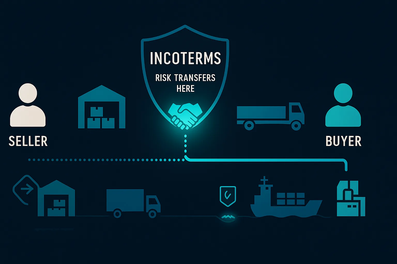 Diagram showing seller-to-buyer supply chain with a shield marking where Incoterms risk transfer occurs