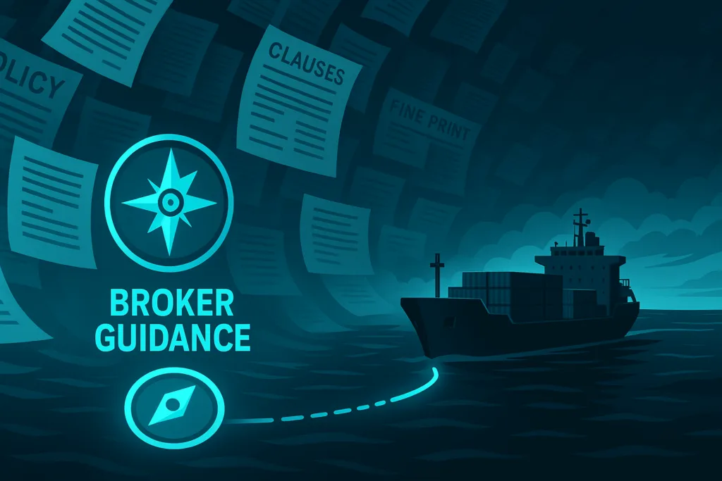 Compass and "Broker Guidance" text guiding a cargo ship through swirling policy document pages