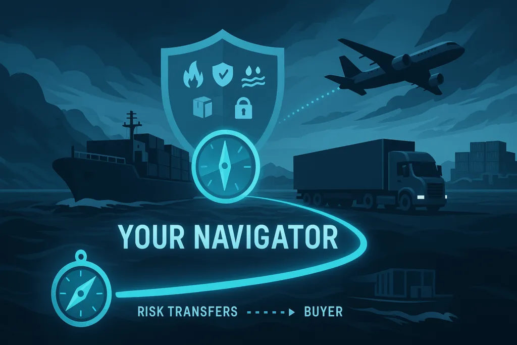Illustration of a shield with fire, safety, water, and lock icons above a compass, ship, truck, and plane, labeled "Your Navigator" with risk transferring to bu