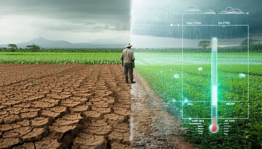 Farmer standing between cracked drought-stricken soil and lush rain-fed crops with digital weather overlay