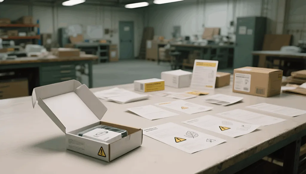 Open cardboard box with warning label beside printed safety instruction sheets on a workshop table