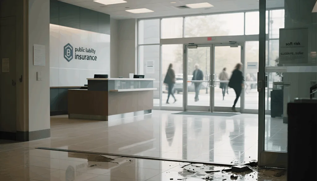 Modern office lobby with reception desk, glass entrance doors, and debris scattered on wet floor