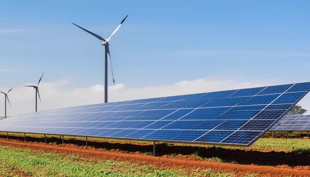 Solar panel array with wind turbines in a field under a blue sky