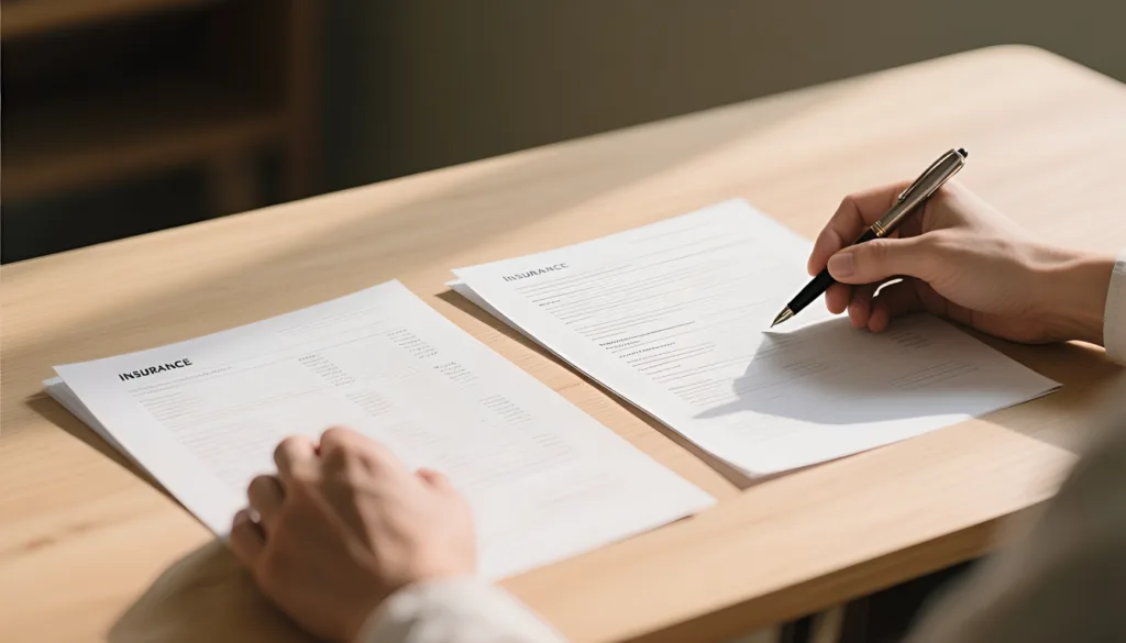 Person signing an insurance document with a pen on a wooden desk