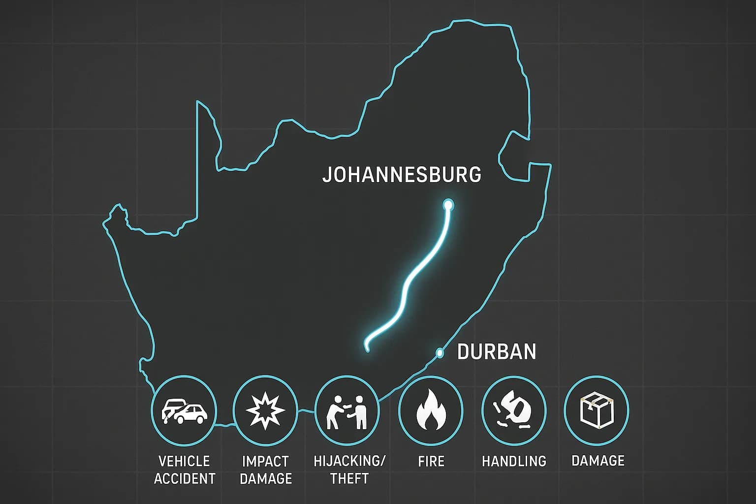 Map of South Africa showing Johannesburg-Durban route with icons for six domestic cargo insurance risks