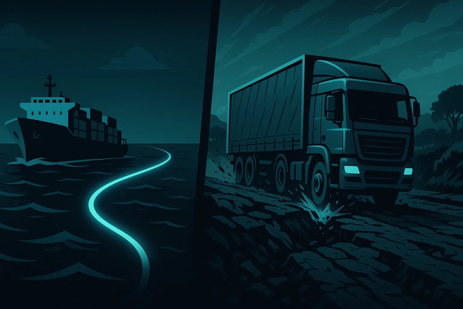 Illustration of a container ship and a truck connected by a glowing route line