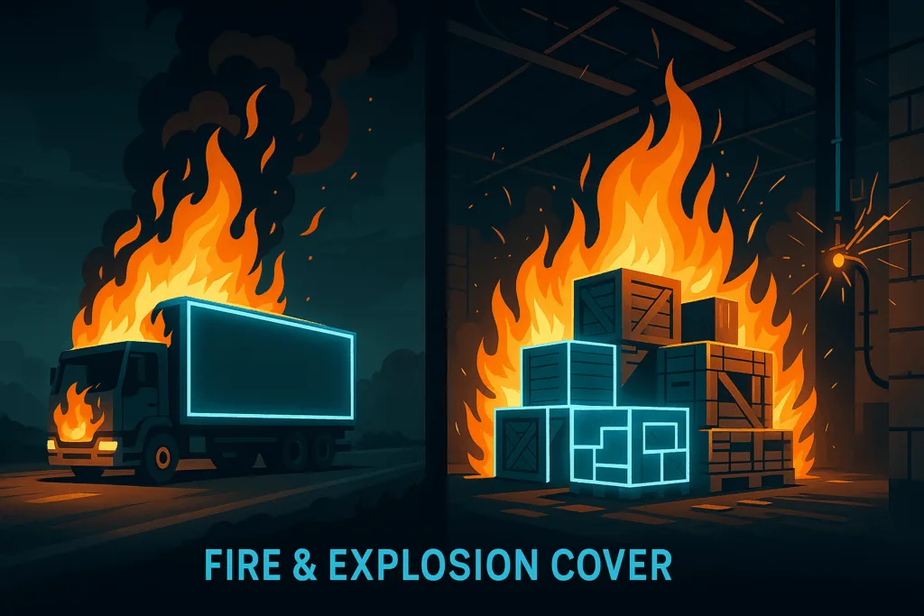 Illustration of a burning delivery truck and flaming warehouse crates with "Fire & Explosion Cover" text